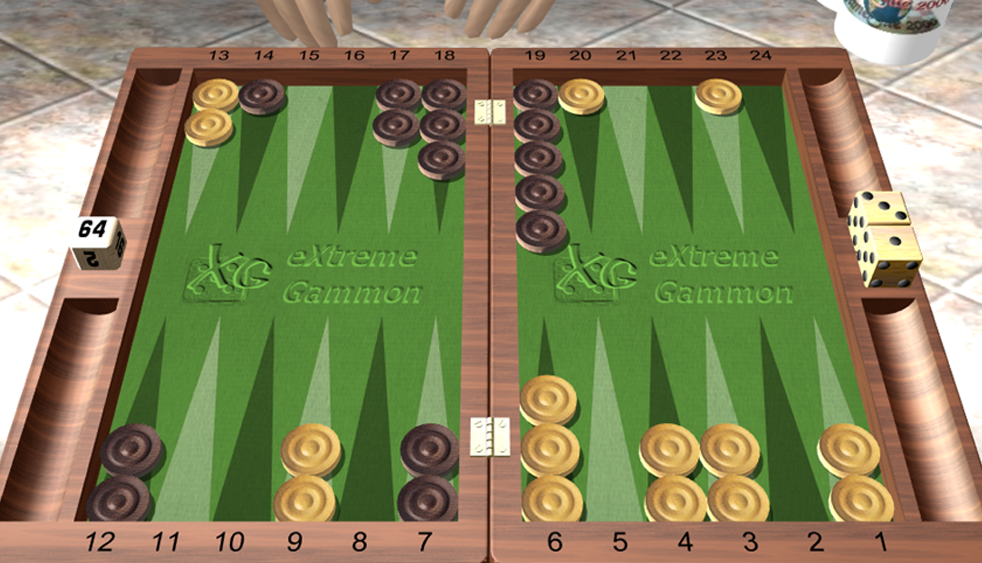 Backgammon Problem: Yellow leads 2-0/7. What is the correct cube action for both players?